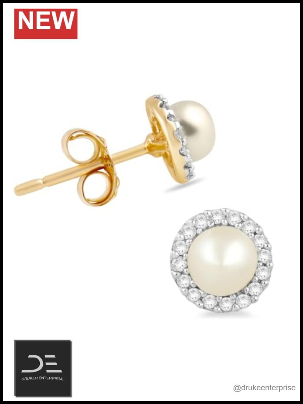10K Yellow Gold Pearl & Natural Diamond Stud Earrings 4MM Push Back Post with